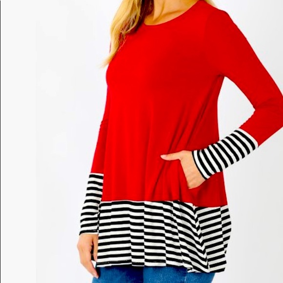 Dark Red Stripe-Contrast Swing Tunic - Picture 1 of 1